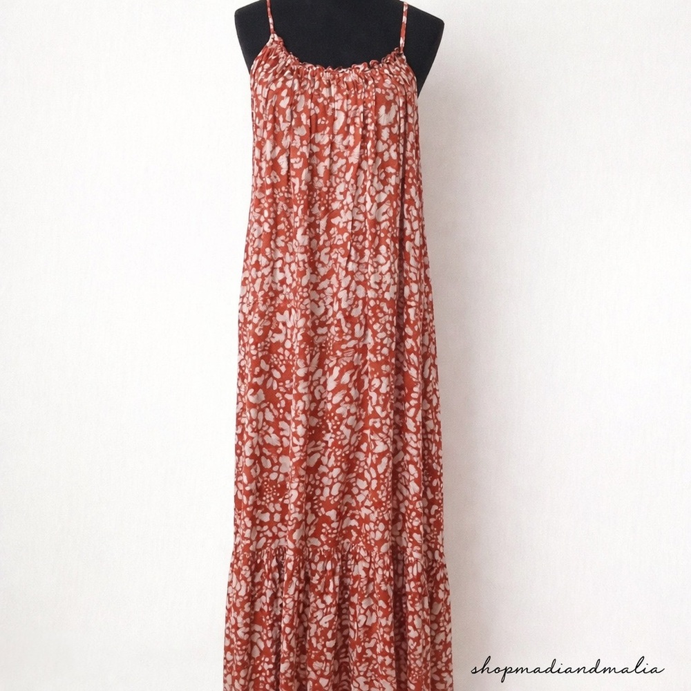 Anthropologie Flounced Maxi Dress Rust Floral Boho Spaghetti Strap Size L